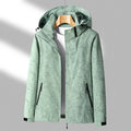Olive green hooded waterproof jacket with a full-zip front, adjustable hood, zippered pockets, and long sleeves displayed on a white background.