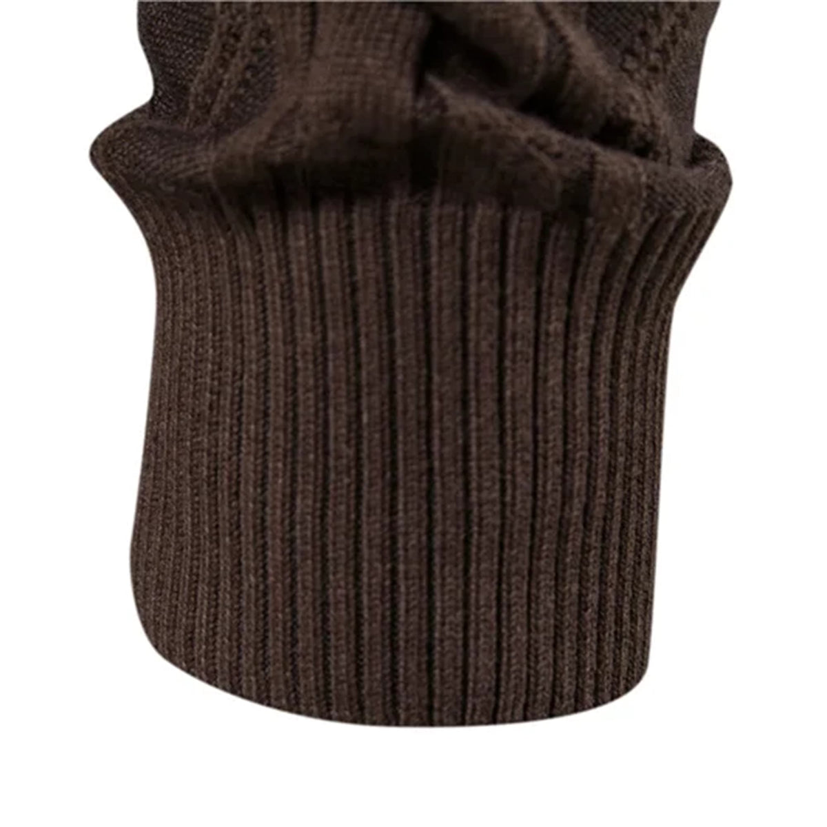 Dark brown cable knit cardigan sleeve featuring a ribbed cuff and textured diamond pattern in soft stretch cotton.