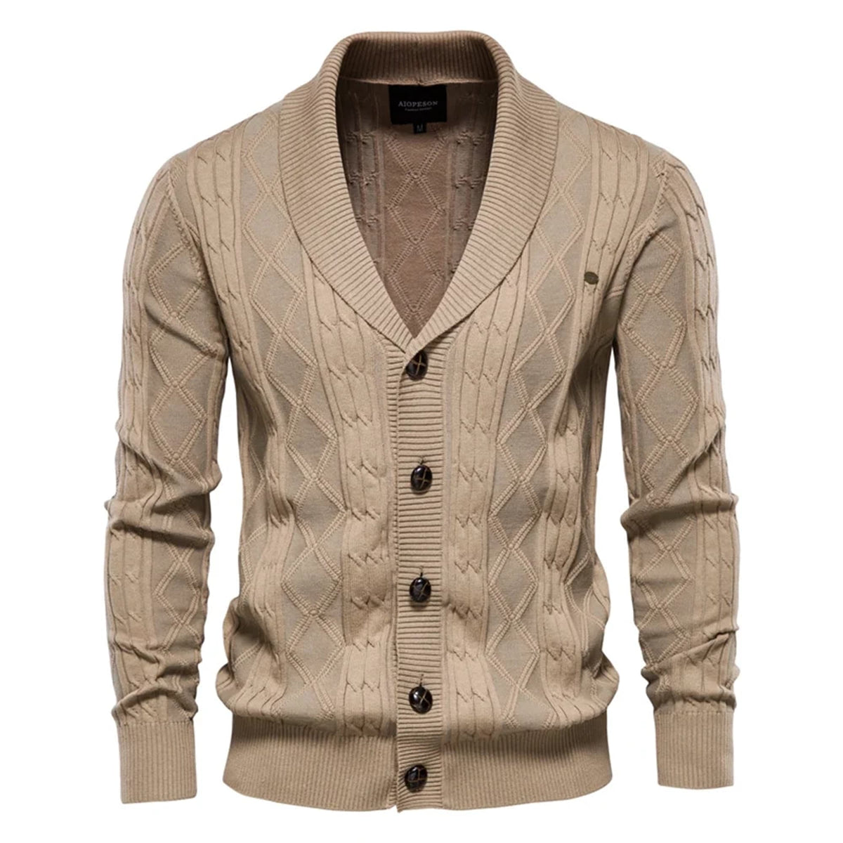 Beige shawl collar cardigan in stretch cotton with a textured cable and diamond knit pattern and a button-front regular fit.