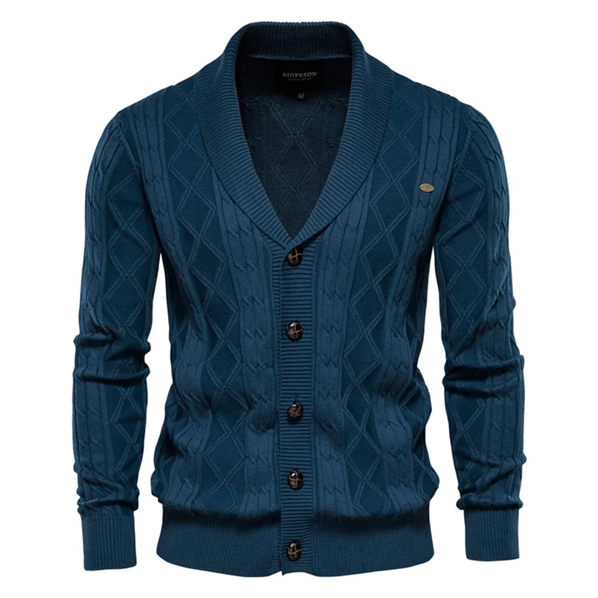 Navy blue shawl collar cardigan in stretch cotton with textured diamond and cable knit patterns and a button-front closure.