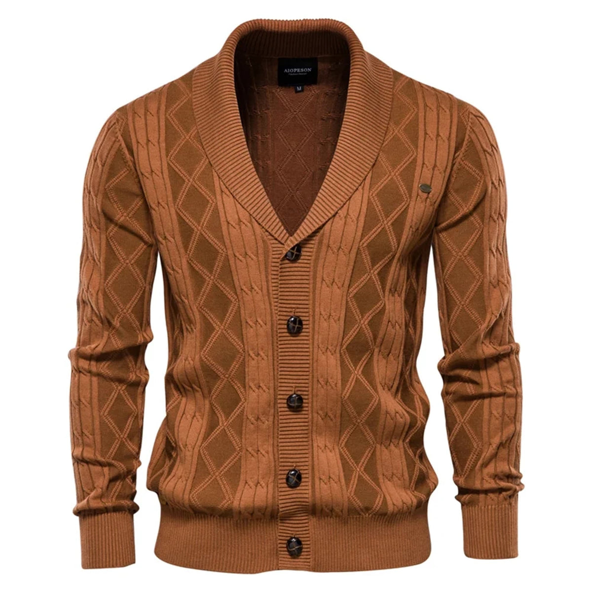 Brown shawl collar cardigan in stretch cotton with a textured diamond and cable knit pattern and button-front closure.