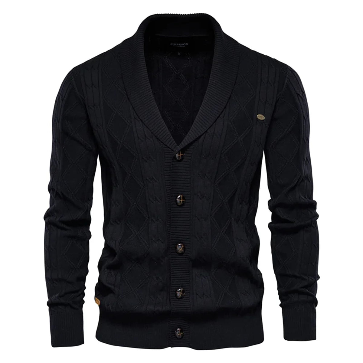 Black cable knit cardigan with a shawl collar, diamond-patterned texture, and button-front closure in a regular fit.