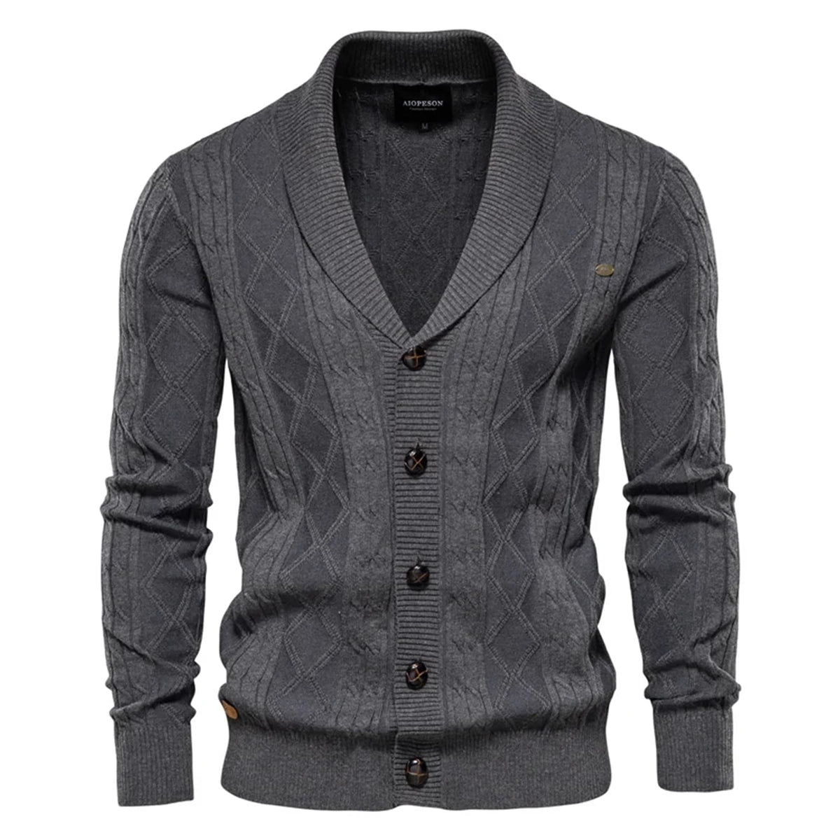 Dark gray shawl collar cardigan in stretch cotton with textured diamond and cable knit patterns and button-front closure.