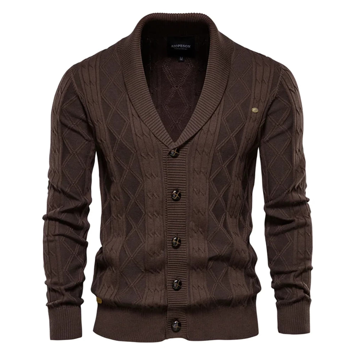 Dark Brown shawl collar cardigan in stretch cotton with a textured cable and diamond knit pattern and button-front closure.