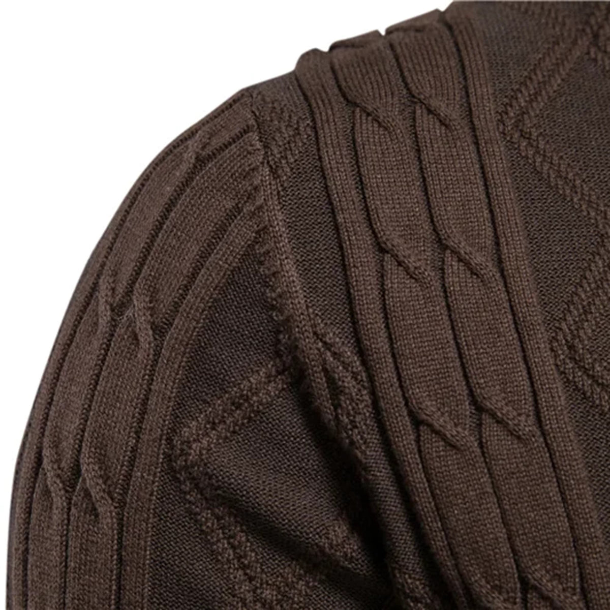 Dark brown stretch cotton cardigan featuring a textured cable knit and diamond pattern on the shoulder.