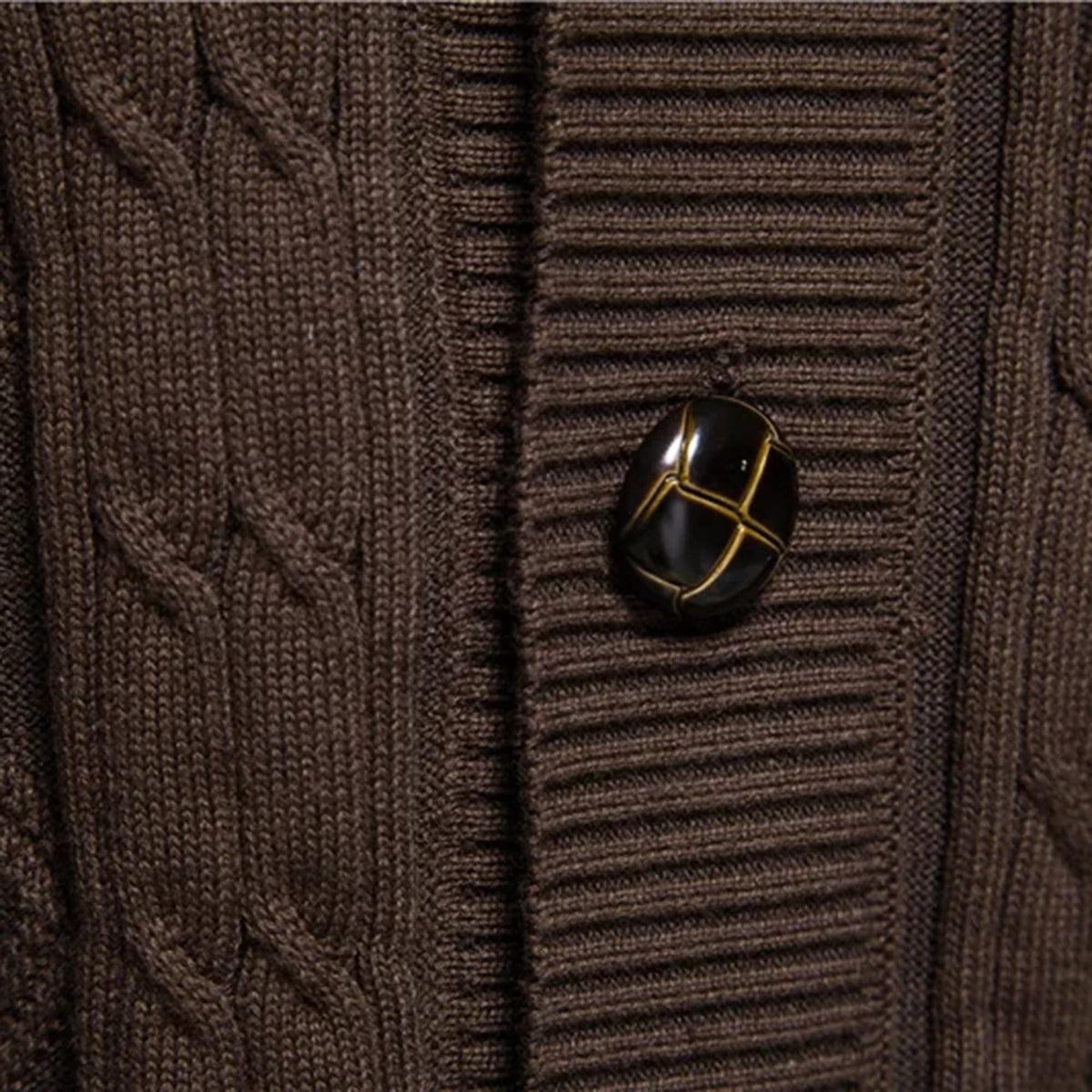 Dark brown cable knit cardigan in stretch cotton featuring a textured diamond pattern and a polished button detail.