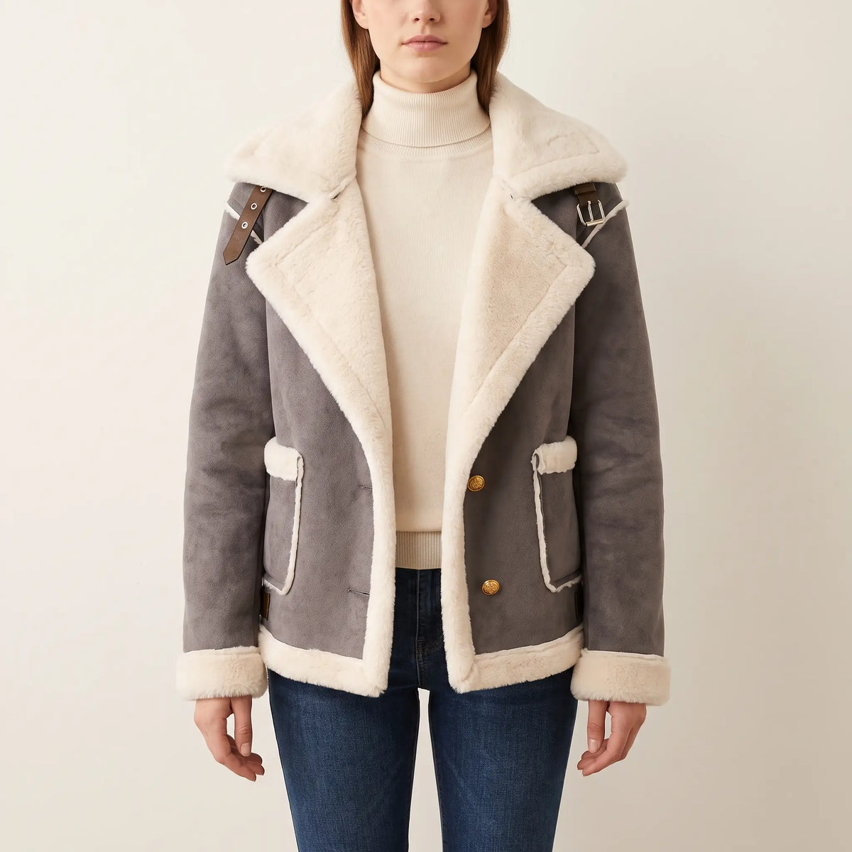 Gray shearling aviator jacket with a wide cream lapel, buckle shoulder straps, and button-front closure.