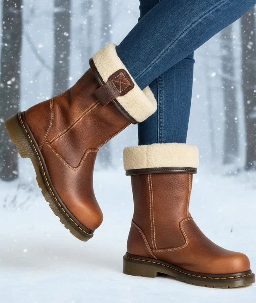 Brown shearling-lined mid-calf boots for women with folded cuff, worn with jeans in falling snow