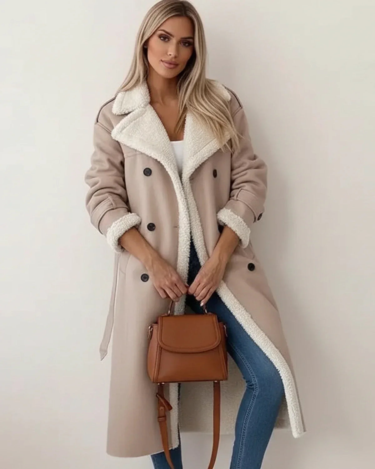 Beige longline shearling coat with a wide collar, double-breasted front, and plush white trim worn over blue jeans.