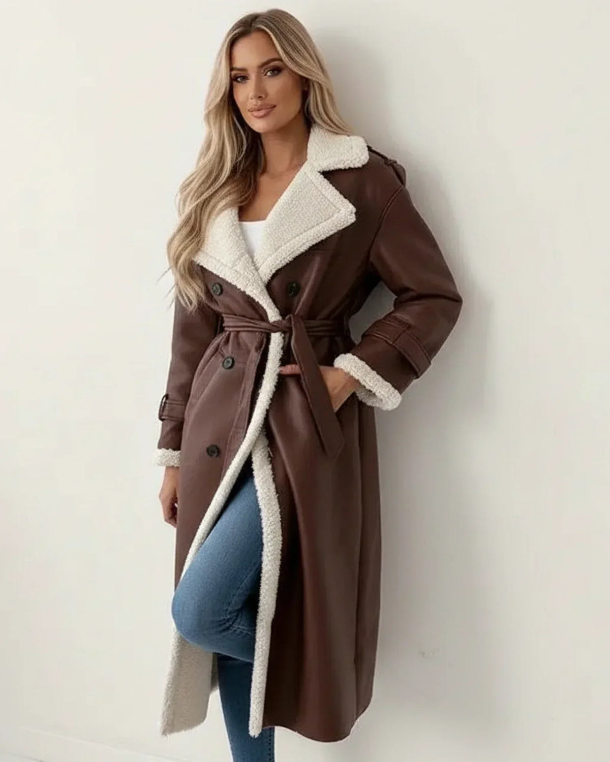 A woman wearing a beige and brown shearling longline coat with a double-breasted front and wide collar, carrying a handbag