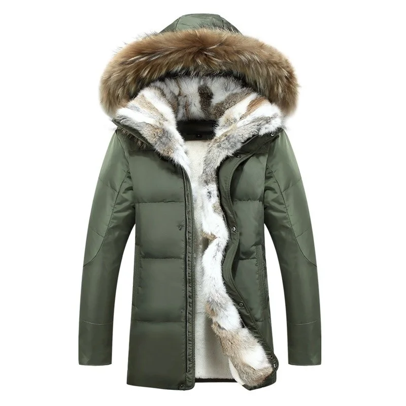 Olive green duck down parka with channel-quilted shell, plush-trim hood, and soft sherpa-lined interior.