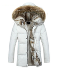 White channel-quilted duck down parka with a plush-trim hood and soft sherpa-lined interior.