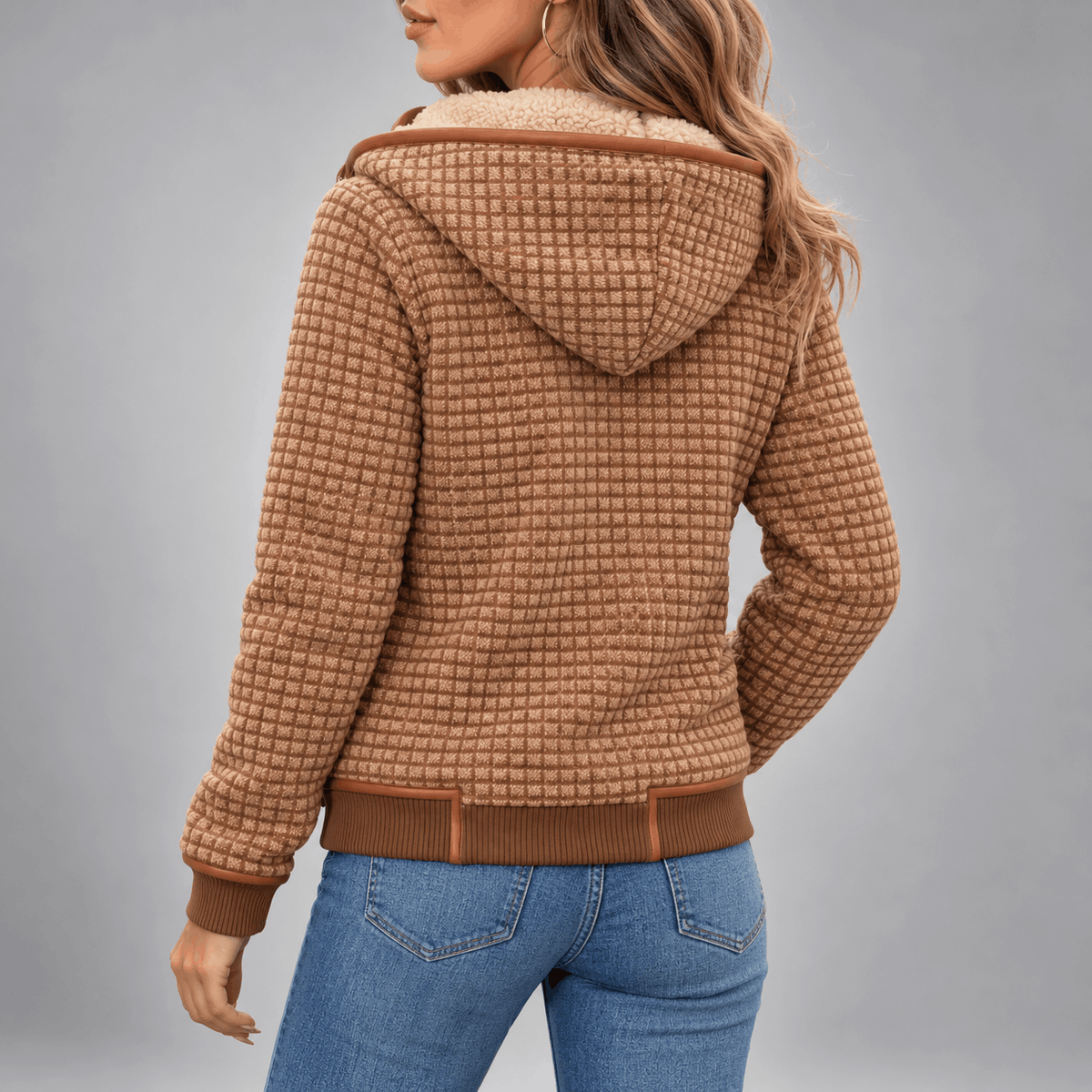 Sherpa-Lined Hooded Jacket – Brown textured check jacket shown from the back with a hood and contrast piping