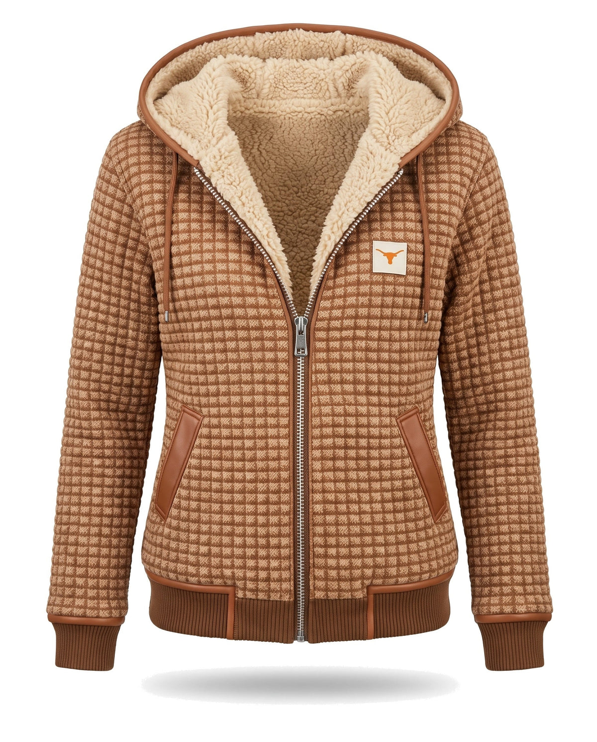 Sherpa-Lined Hooded Jacket – Brown textured check jacket shown flat with sherpa-lined hood, full-zip front and patch pockets