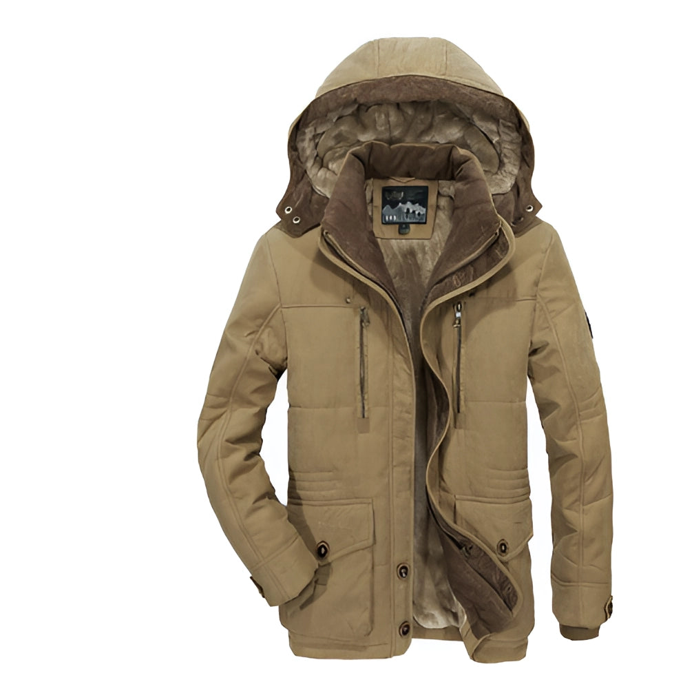 Khaki padded parka with a deep-pile sherpa lining, stand collar, hood, and multiple zip and flap pockets.