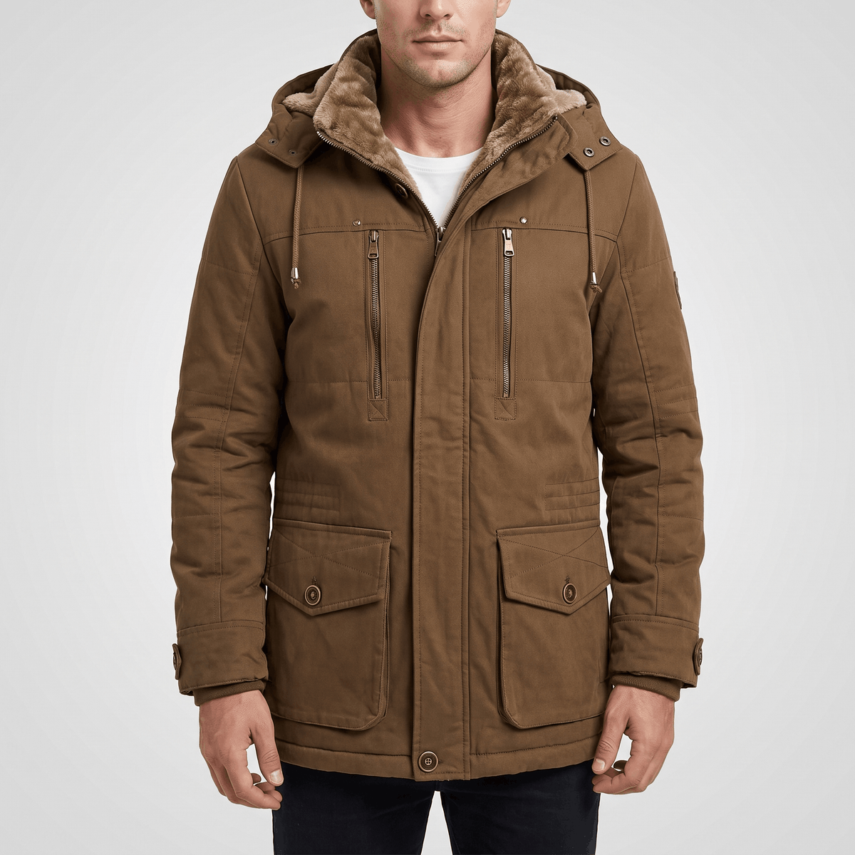 Brown padded parka with a sherpa-lined hood, stand collar, chest zip pockets, and buttoned flap hip pockets.