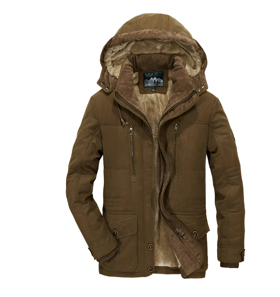 Brown sherpa-lined hooded parka with a padded shell, stand collar, and multiple utility pockets.