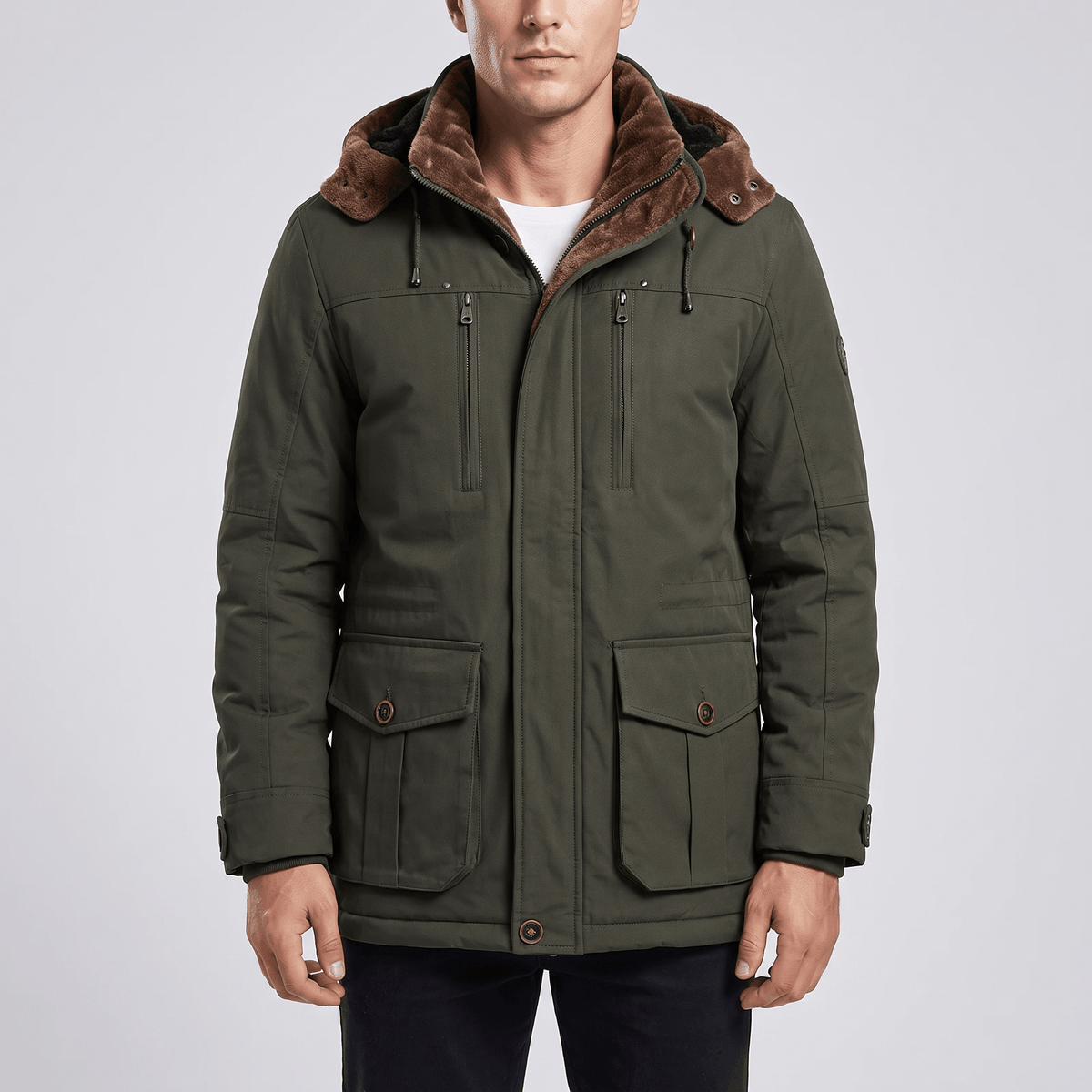 Olive green padded parka with a deep brown sherpa-lined hood, stand collar, and multiple utility pockets.
