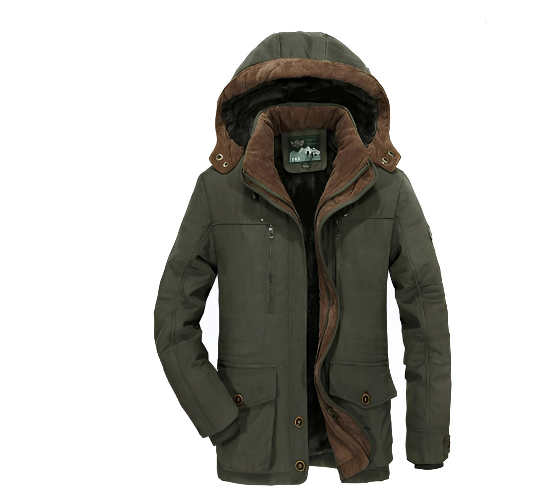 Olive green padded parka featuring a deep brown sherpa-lined hood, stand collar, and multiple utility pockets.