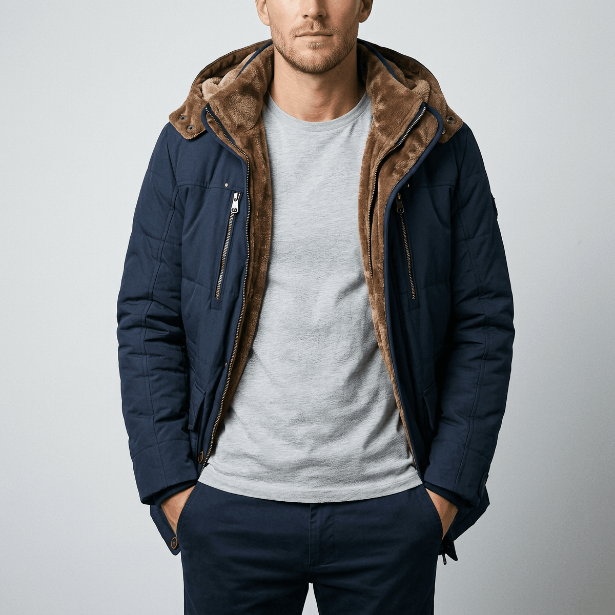 Navy blue padded parka featuring a plush brown sherpa-lined interior, stand collar, and zippered chest pockets.