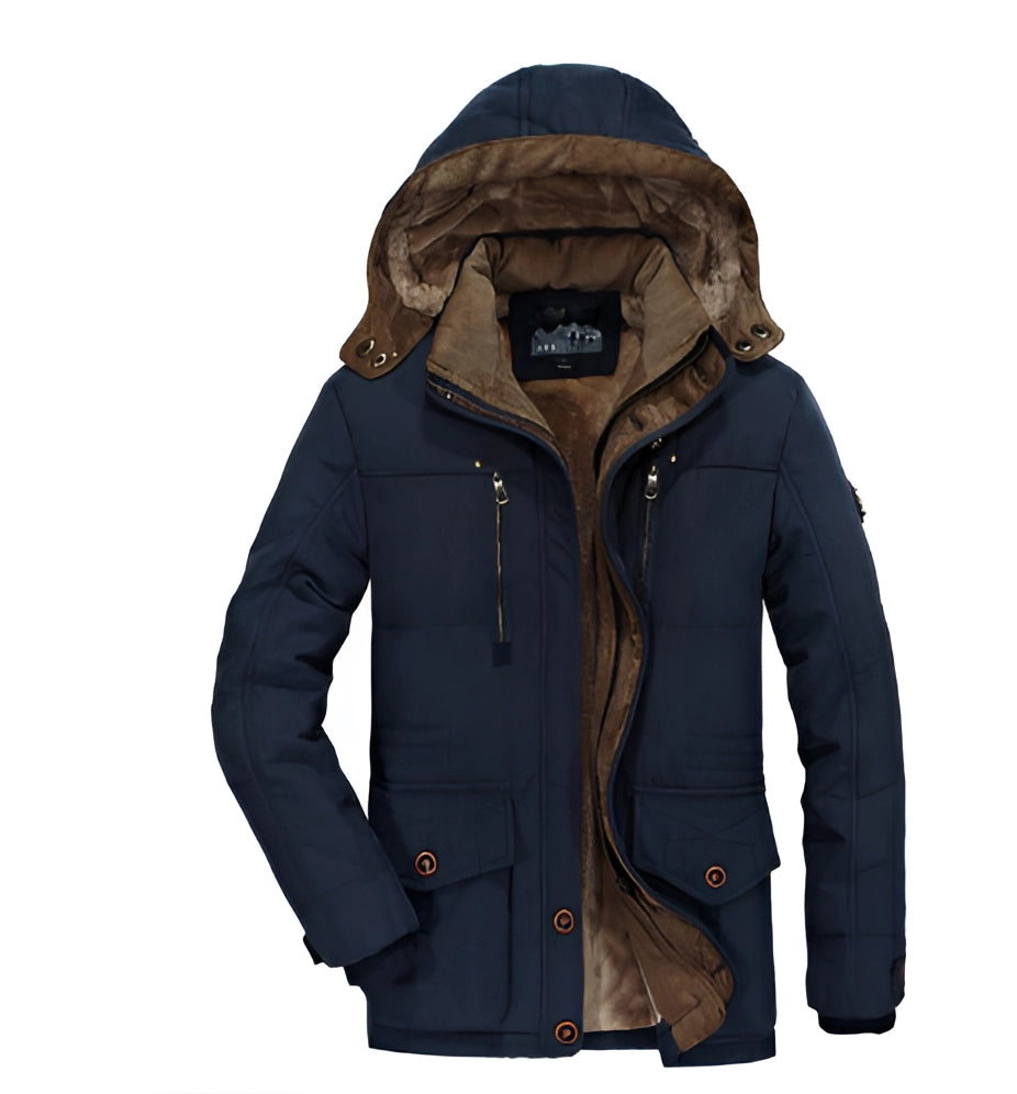 Navy blue padded parka featuring a deep brown sherpa-lined hood, stand collar, and multiple utility pockets.