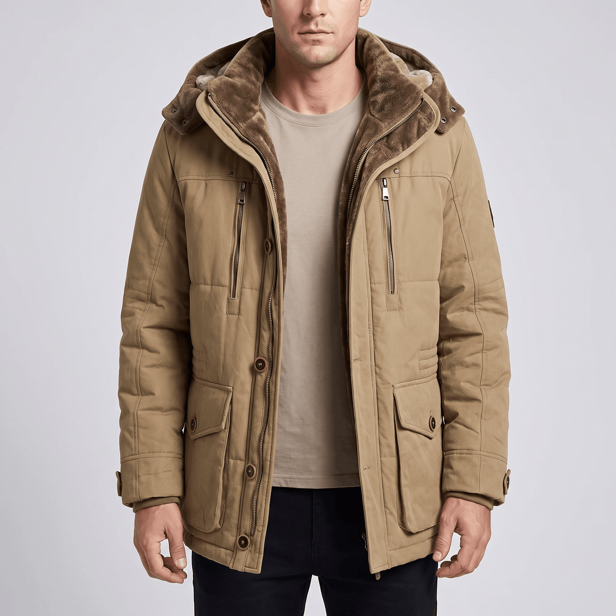 Khaki padded parka with a deep pile sherpa-lined hood, stand collar, and multiple utility pockets on a neutral background.