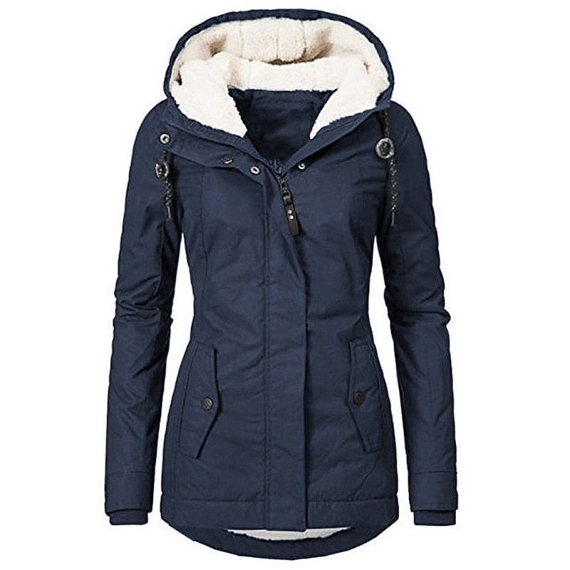 Navy Sherpa-Lined Hooded Parka shown from the front, featuring a plush-lined hood, snap placket, flap pockets, curved hem, and fitted waist.