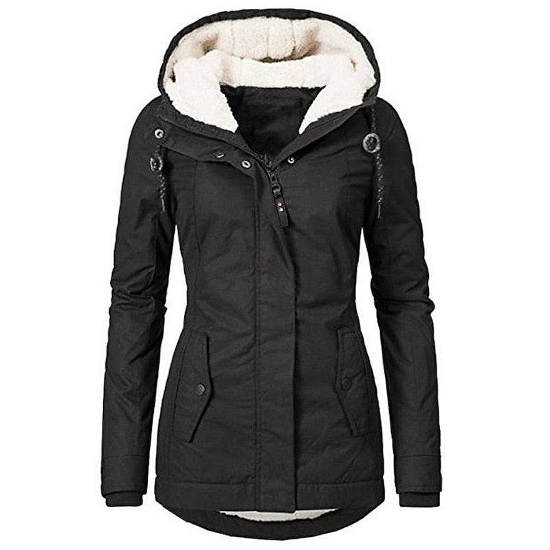 Black Sherpa-Lined Hooded Parka shown from the front, featuring a plush-lined hood, snap placket, flap pockets, curved hem, and fitted silhouette.