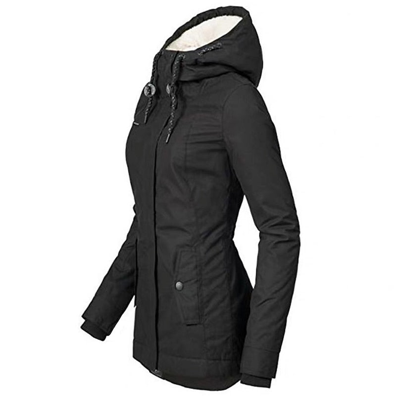 Black Sherpa-Lined Hooded Parka shown from the side, highlighting the fitted silhouette, hood, snap placket, flap pockets, and curved hem.