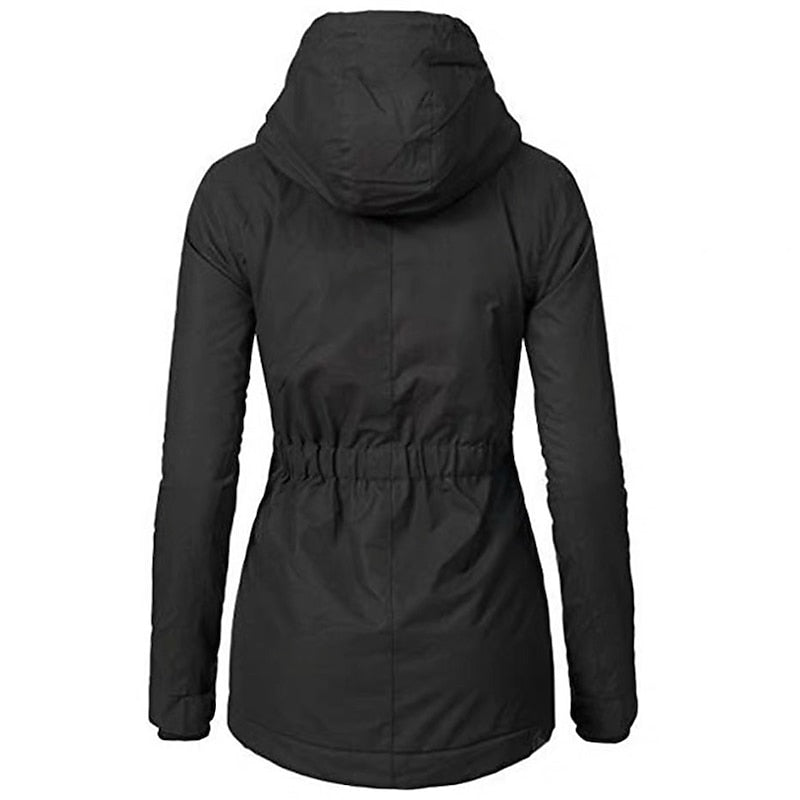 Black Sherpa-Lined Hooded Parka shown from the back, featuring the sherpa-lined hood, fitted waist, and curved hem.