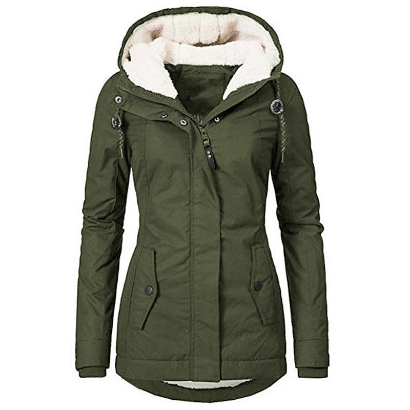Olive green Sherpa-Lined Hooded Parka shown from the front, featuring a plush-lined hood, snap placket, flap pockets, fitted waist, and curved hem.
