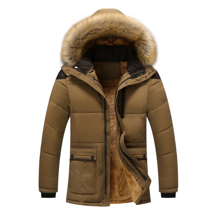 Dark khaki hooded puffer jacket with plush sherpa lining, faux fur hood trim, contrast yoke panels, and snap-flap pockets.
