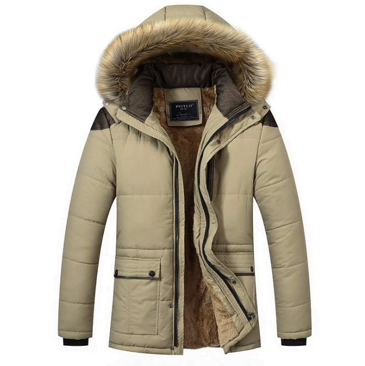 Khaki hooded puffer jacket with sherpa lining, plush hood trim, contrast shoulder yokes, and snap-flap pockets.