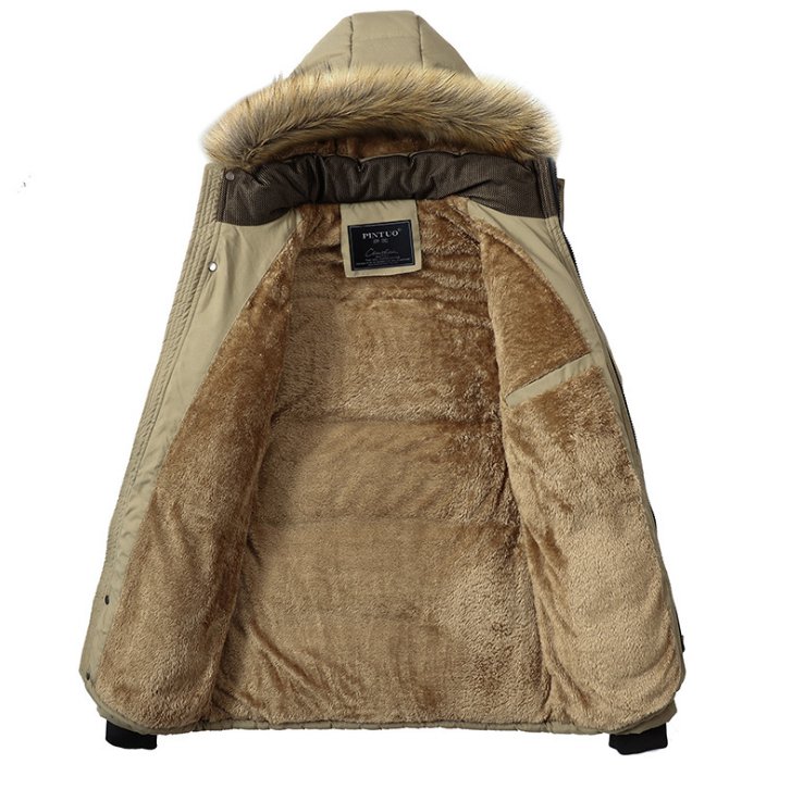 Khaki hooded puffer jacket featuring a plush sherpa-lined interior, quilted shell, and faux-fur trim on the hood.