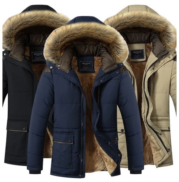 Sherpa-lined puffer jackets in black, navy, and khaki with plush-trimmed hoods, snap-flap pockets, and contrast shoulder yokes.