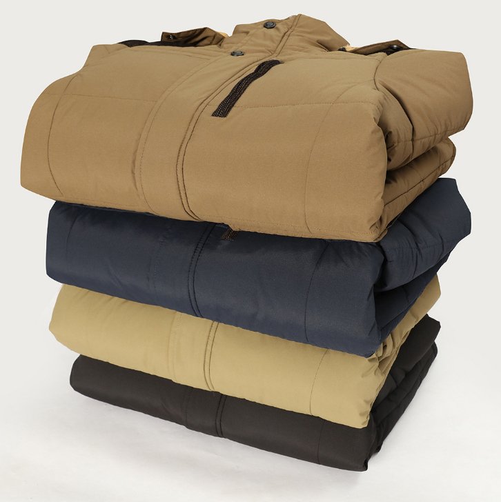 Stacked sherpa-lined hooded puffer jackets in khaki, navy, dark khaki, and black with quilted shells and contrast yoke detailing.