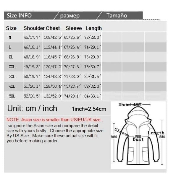 Size chart for men's puffer jacket featuring measurements for shoulder, chest, sleeve, and length in centimeters and inches.