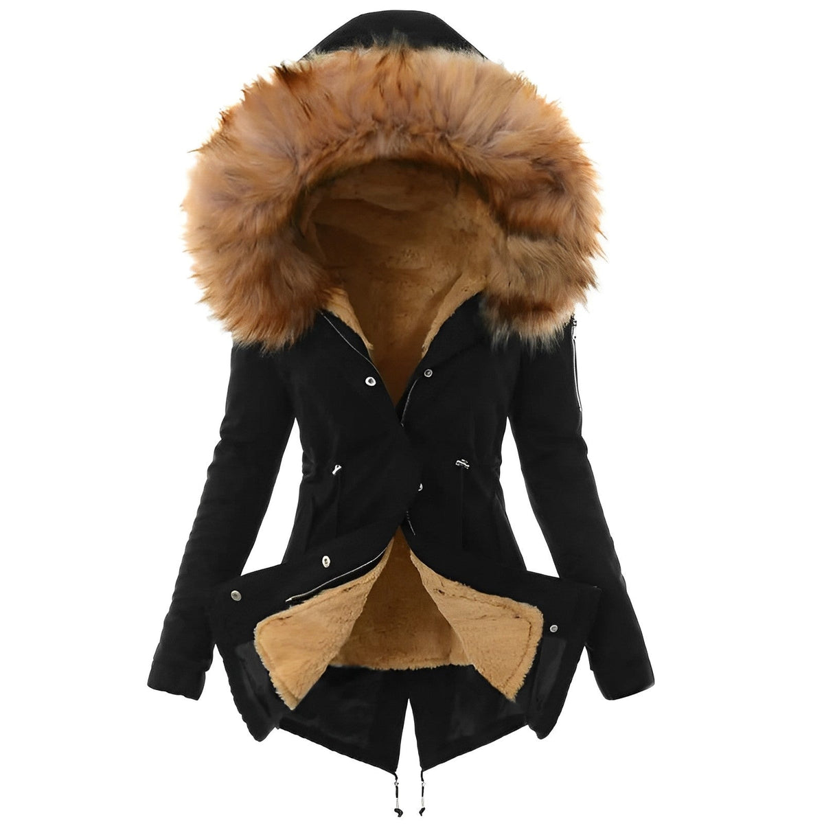 Black longline parka with tan sherpa lining, drawstring waist, and an oversized plush-trim hood against a white background.