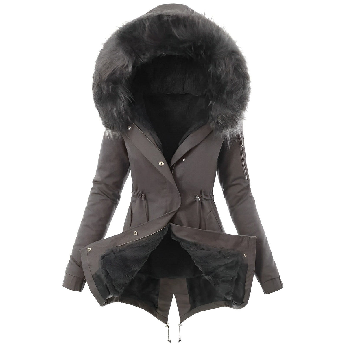 Gray longline parka with sherpa lining, plush-trim hood, snap placket, and adjustable drawstring waist.