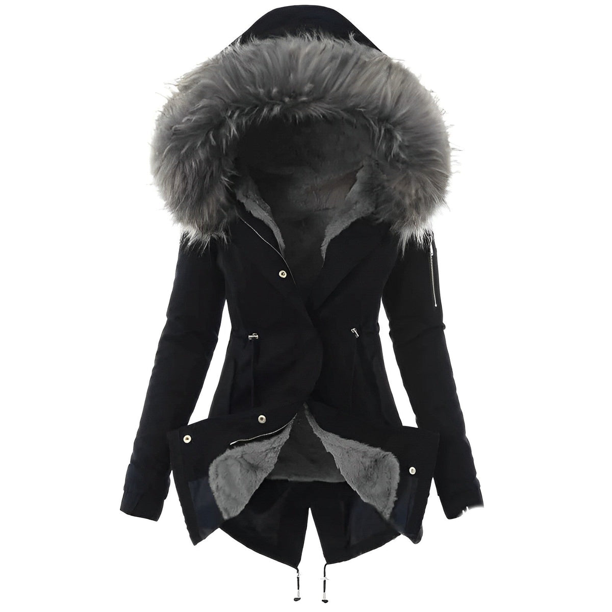 Black longline parka with grey sherpa lining, plush-trim hood, snap placket, and adjustable drawstring waist.