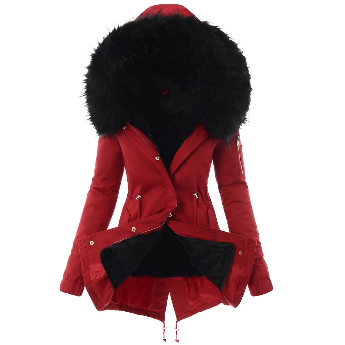 Red longline parka with black sherpa lining, oversized plush-trim hood, and adjustable drawstring waist toggles.
