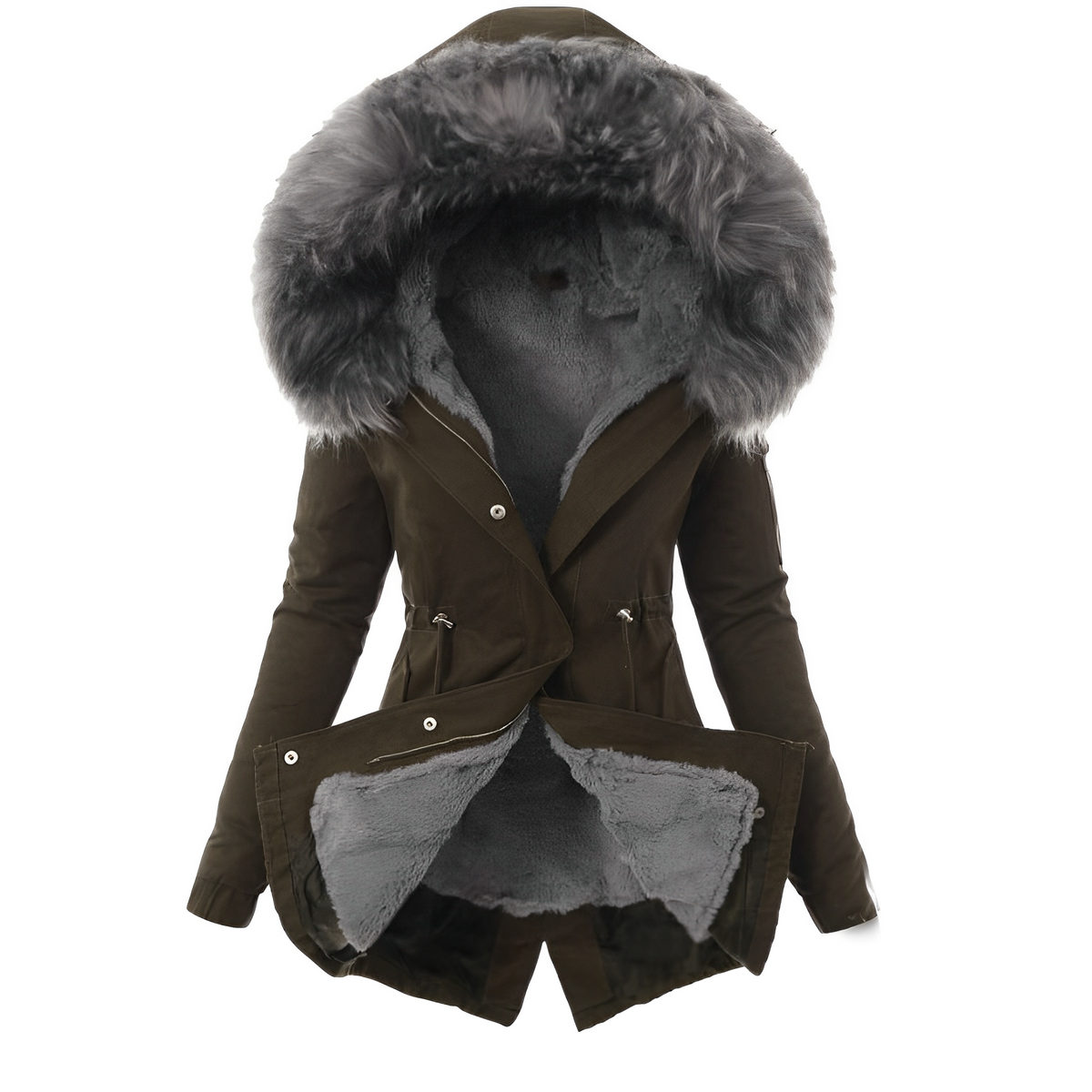 Olive green longline parka with plush grey sherpa lining, oversized faux fur hood trim, and adjustable drawstring waist.
