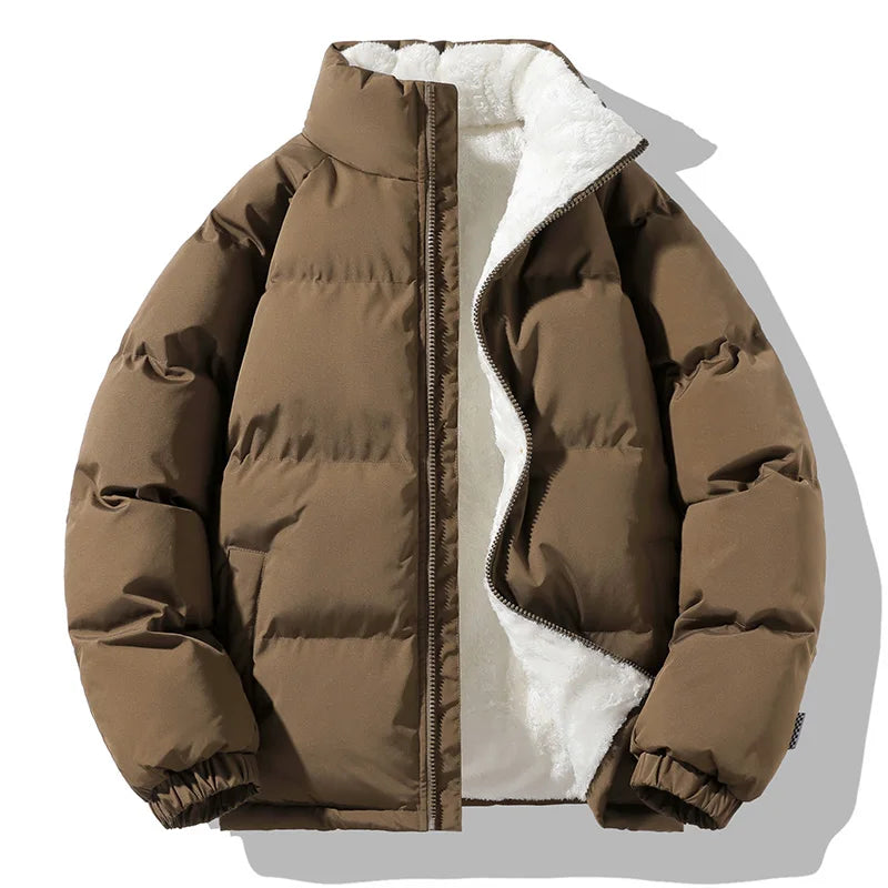 Brown quilted puffer jacket with a high mock neck, plush white sherpa lining, and elastic cuffs in a boxy, hip-length fit.
