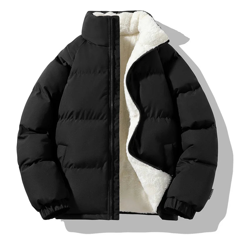 Black quilted puffer jacket with a high mock neck, full-zip front, and plush white sherpa lining in a boxy fit.