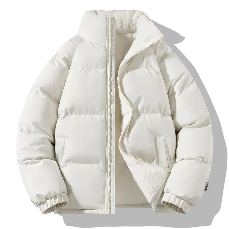 Off-white puffer jacket with a mock neck, quilted shell, and plush sherpa lining, featuring a full-zip front and elastic cuffs.