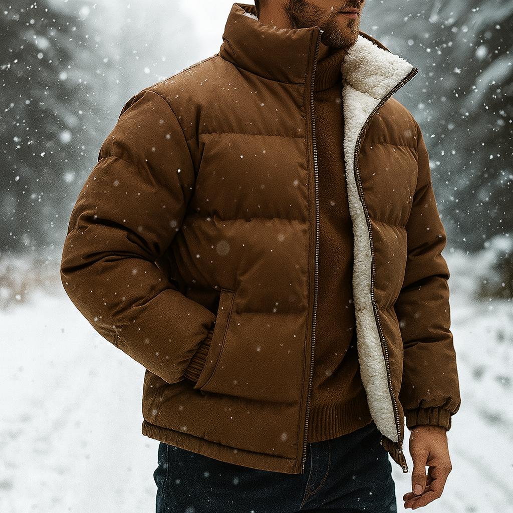 Brown quilted puffer jacket with a plush white sherpa lining, mock neck, and elastic cuffs in a snowy outdoor setting.