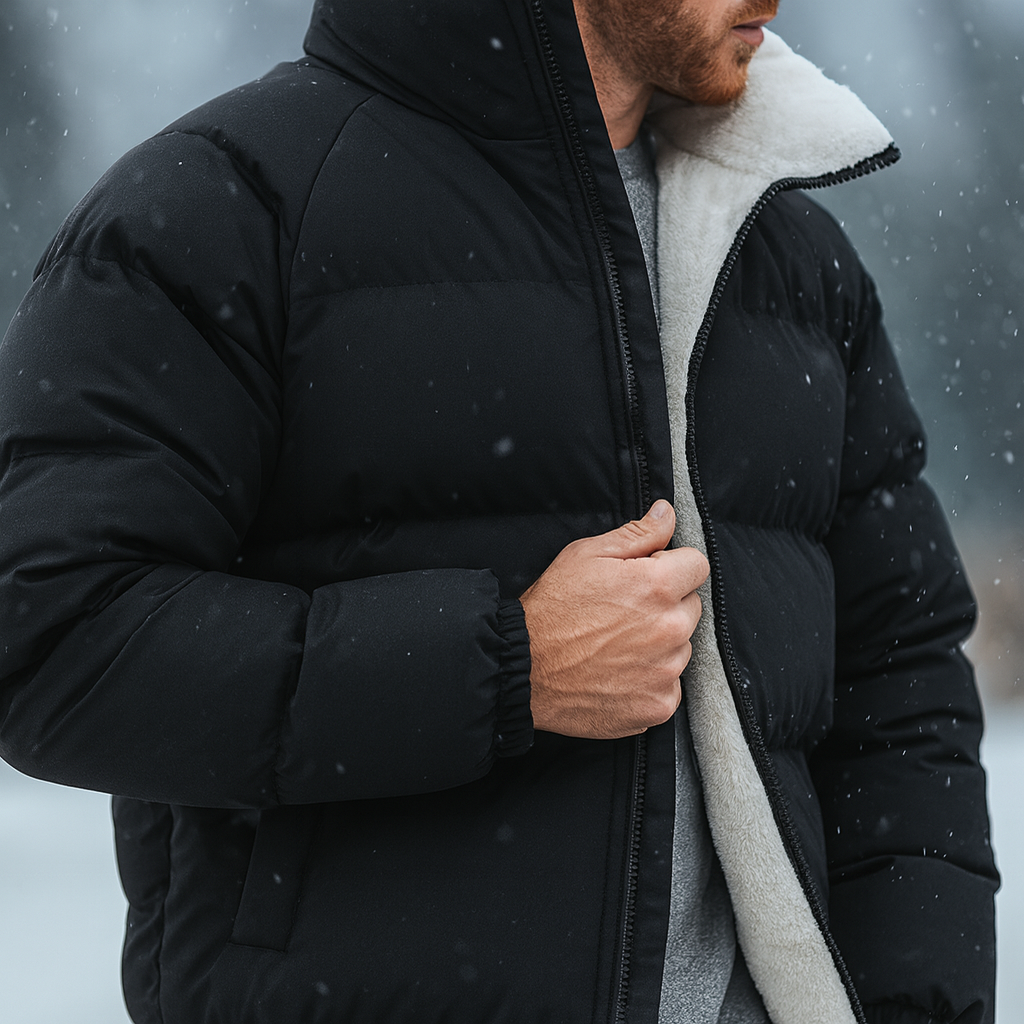 Black quilted puffer jacket with a plush cream sherpa lining, mock neck, and full-zip front in a boxy, hip-length fit.