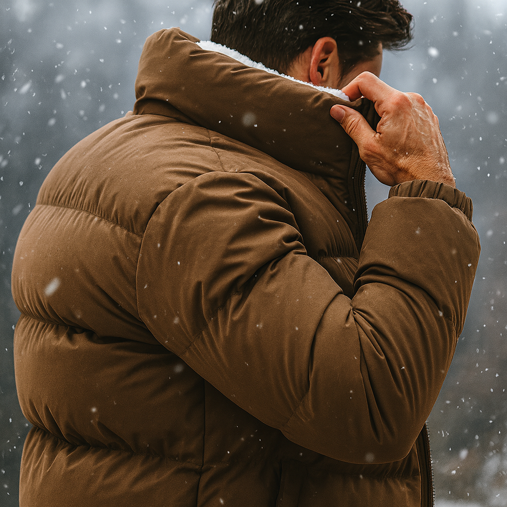 Brown quilted puffer jacket with a high mock neck and plush white sherpa lining, worn in snowy weather.