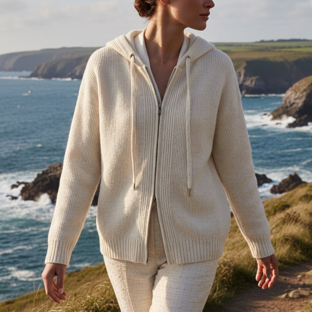 Cream ribbed cotton hooded sweater coat with a double-zip front, worn in a relaxed fit by the coast.