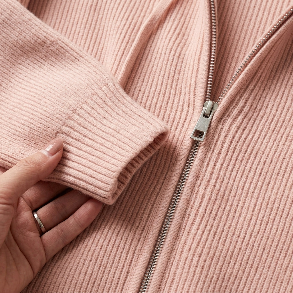 Soft pink ribbed cotton sweater coat with a silver double-zip front and structured ribbed cuffs.